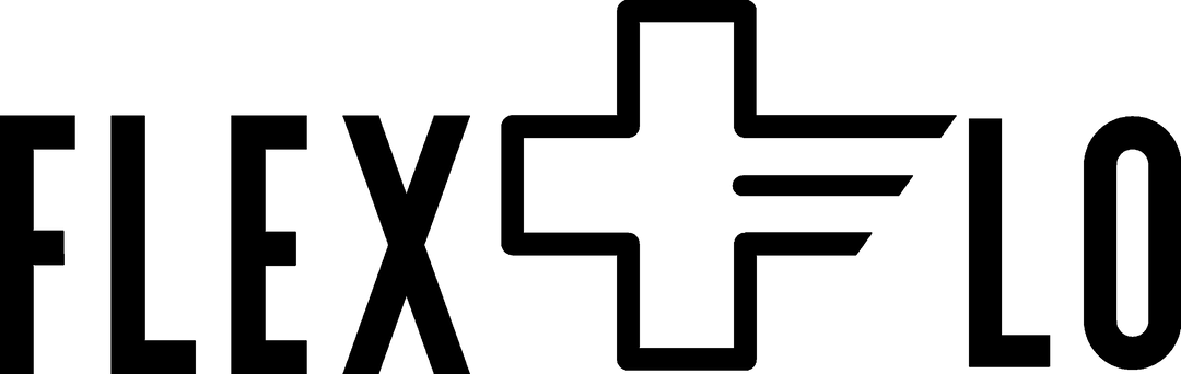 Small FlexFlo logo in black on left or right chest of baggy grey shirt