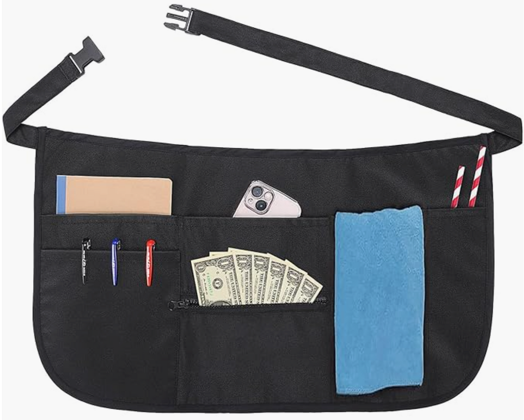 Noverlife 6 Pockets Server Apron with Buckle, Waterproof Waiter Half Apron Unisex 30-50in Belt Serving Aprons for Waiter